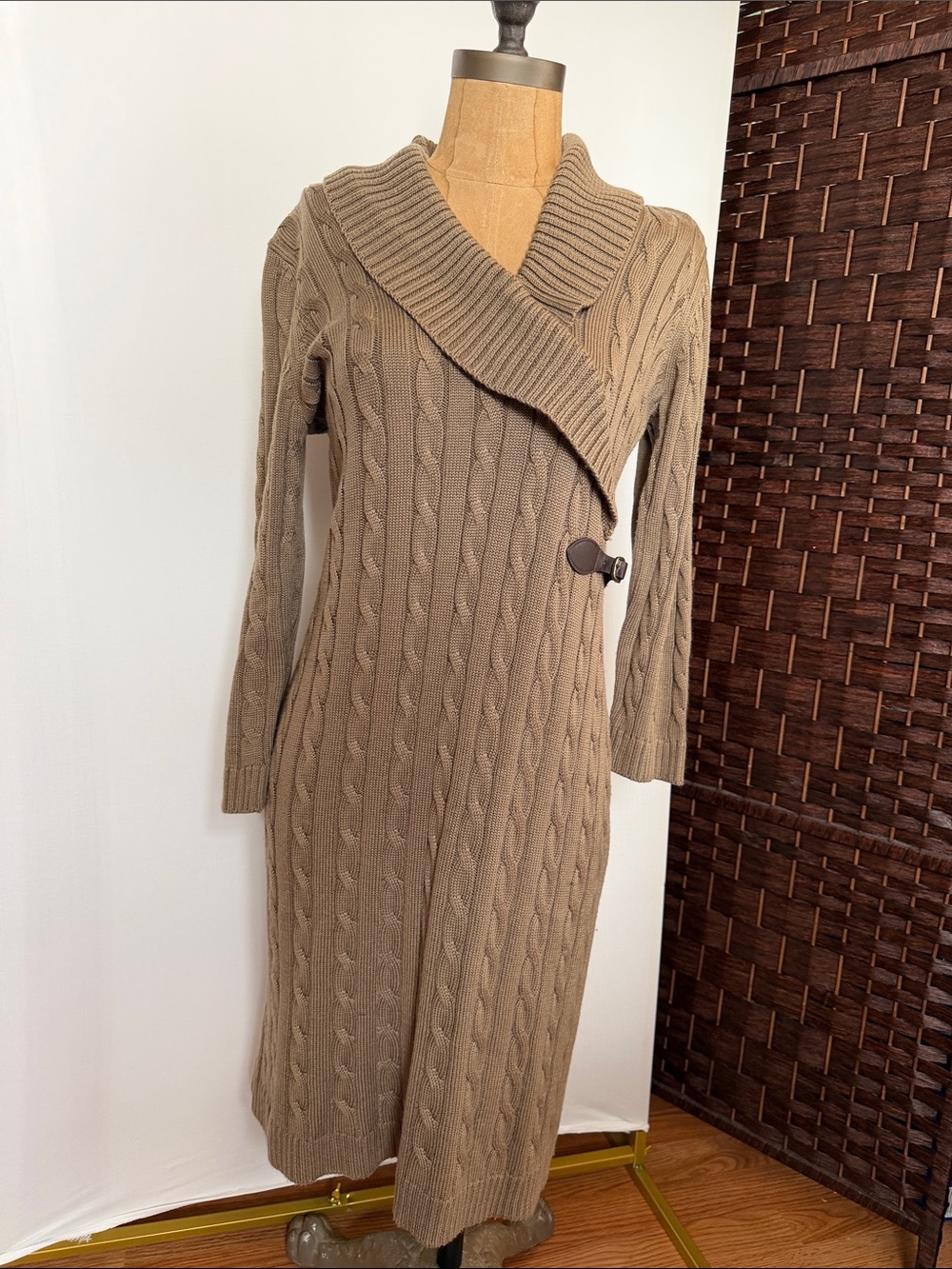 Calvin Klein Knit Button-Detail Sweater Dress in Tan Brown soft fall winter EUC